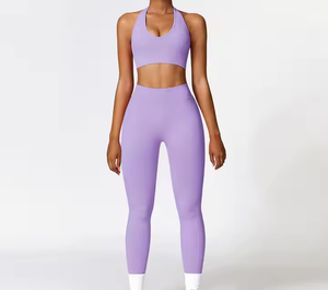 <b>Women's</b> <b>Navy</b> Halter Neck Sporty Knitted <b>Tank</b> <b>Top</b> With High Waist Leggings Set Breathable Spandex Nylon Fit - Product Image 2