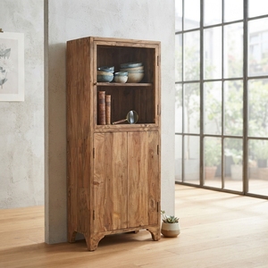 Solid Wood Storage Drawer Cabinet Modern Rustic Glass Door Display Shelf Teak Style Wooden Cupboard Home Drawers <b>Carts</b> Furniture - Product Image 5