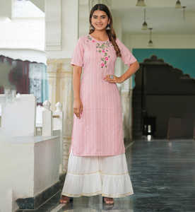 Kurta Droite Imprimée à Rayures et Broderies, Couleur Rose, Élégante, Ethnique, pour Femme, Été, 100% Coton, Séchage Rapide, Protection Solaire - Product Image 2