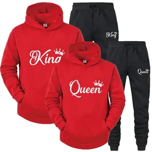 ชุดฮู้ดดี้พิมพ์ลาย KING & QUEEN สำหรับผู้ใหญ่ แฟชั่นฤดูใบไม้ร่วงฤดูหนาว ชุดคู่รัก เสื้อฮู้ดดี้ + กางเกงขายาว ชุด 2 ชิ้น ผลิตจากโพลีเอสเตอร์ 100% - Product Image 4