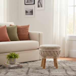 Beige Cotton Handmade Round Macrame Covered <b>Ottoman</b> <b>Stool</b> with Wooden Legs Boho Footrest Pouf for Living Room Hotel Cafe Decor - Product Image 4