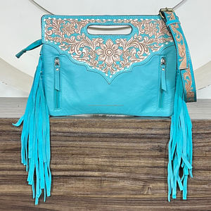 Nuevo Bolso de Hombro de Piel de Vacuno con Flecos y Diseño Turquesa, Bolso Cruzado de Cuero Repujado con Pelo para Mujer, Venta al por Mayor - Product Image 5