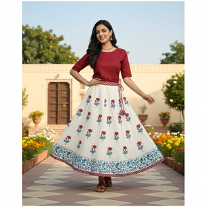 Jupe longue artisanale éthique à empiècements, 100% coton, imprimé floral, style traditionnel indien Kali, taille ajustable à nouer - Product Image 6