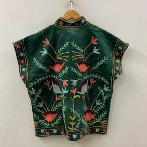 Green Velvet Suzani Embroidered Vest with Belt Festival Outfit Artisan Embroidery Bohemian Vest <b>Short</b> Sleeveless <b>Jacket</b> - Product Image 3