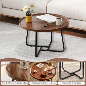 Table basse ronde moderne en bois avec pieds croisés en métal noir, table centrale rustique en bois grainé pour salon et chambre - Product Image 5