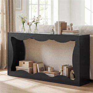 63\" Extra Long Black <b>Console</b> <b>Table</b> with Wavy Hollow Design and <b>Storage</b> Shelf for Entryway 2 Tier Narrow Narrow <b>Console</b> <b>Table</b> - Product Image 1