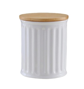 Bocal de rangement en céramique classique avec couvercle en bambou, texture cannelée, hermétique, pour cuisine, élégant organisateur de garde-manger, décoration de comptoir haut de gamme - Product Image 4