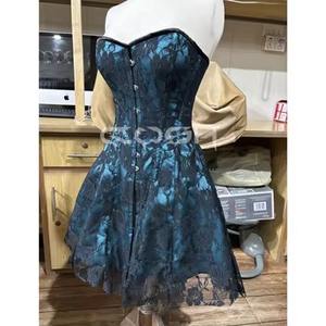 Robe Corset en Satin Personnalisée pour Femmes Sexy, Bleu Ciel, Bustier avec Superposition de Dentelle Florale Noire, Robe Mini de Soirée à la Mode - Product Image 3