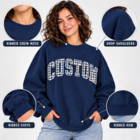 Sweat-shirt en coton épais à épaules tombantes de haute qualité pour la vente en gros, avec broderie personnalisée en patch chenille à carreaux, coupe ample pour femme