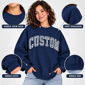 Sudadera de algodón grueso de alta calidad con hombros caídos, bordado personalizado de parche de chenilla a cuadros, corte holgado para mujer, venta al por mayor - Product Image 6