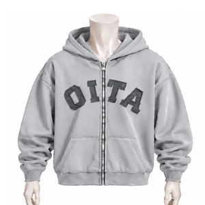 <b>Light</b> Grey Mens Full Zip Hoodie Chenille <b>Letter</b> Patch Heavyweight Fleece Oversized Casual Streetwear Sweatshirt with Pockets - Product Image 1