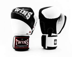 Gants de boxe Twins personnalisés noir et blanc, qualité supérieure, cuir de vachette véritable, gants de boxe professionnels Twins. - Product Image 1