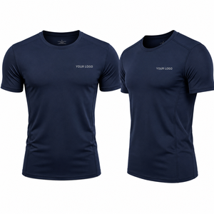 T-shirt de sport pour homme bleu marine à séchage rapide, manches courtes, coupe ajustée, col rond, en polyester tricoté, vêtement de sport avec impression de logo sur le devant - Product Image 1