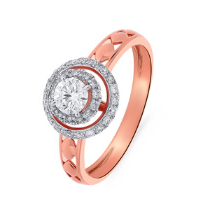 Superbe bague solitaire sphérique, élégante bague à double halo avec diamant rond brillant en or rose, bague de fiançailles de luxe pour femme - Product Image 1