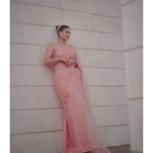 Sari de soirée pour club, création RV, broderie séquence rose non cousue, 500g - Product Image 4