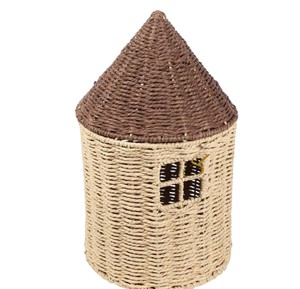 Cute House Shaped Seagrass Storage <b>Basket</b> <b>with</b> Brown Roof <b>Lid</b> Handwoven Wicker Toy Organizer Bin for Kids Room Nursery - Product Image 1