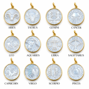 Colgantes de Plata de Ley al por Mayor con Perlas Madre, Baño de Oro y Bisel, con Diseños Tallados de los 12 Signos del Zodíaco - Product Image 1
