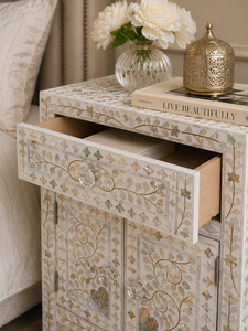 White Pearl Inlay Nightstand Wood Bedside <b>Table</b> Cabinet Floral Pattern <b>Storage</b> <b>Side</b> <b>Table</b> for Bedroom Hotel - Product Image 5