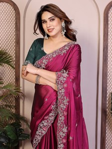 Sari Tradicional Indio de Seda NiMa Creations con Borde Bordado de Secado Rápido para Bodas y Fiestas, Largo hasta el Suelo, Corte Regular para Mujer - Product Image 2
