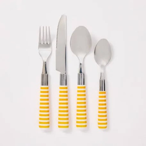 Juego de cubiertos modernos de acero inoxidable con mangos a rayas amarillas, aptos para lavavajillas, para uso en fiestas, juegos de vajilla y cubertería. - Product Image 1
