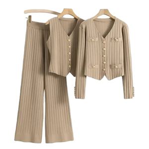 Conjunto de 3 piezas de moda para mujer, chaleco Sexy, cárdigan de manga larga con cremallera, cintura elástica, pantalones de pierna ancha, chándal de mujer, traje de punto - Product Image 4