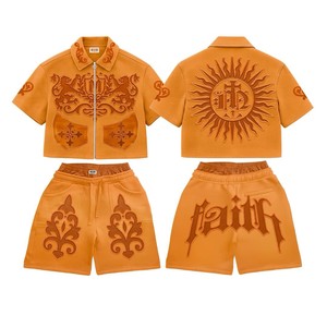 2026 Custom Men's Summer Shorts <b>Set</b> with Chenille <b>Embroidery</b> Breathable Cotton Tee Shirt and Track Shorts-OEM Service - Product Image 1