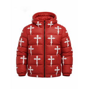 Veste matelassée à capuche pour homme avec imprimé croix rouge, manteau d'hiver bouffant, streetwear tendance, épais et chaud, logo personnalisé OEM - Product Image 4
