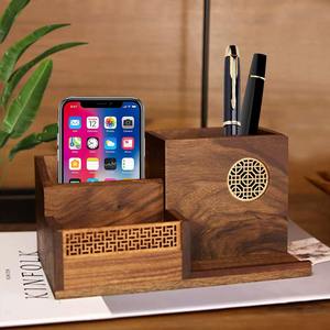 Bamboo <b>Rotating</b> Pen Stand and Organizer Square Desktop Wooden Pencil Storage Boxes with Clock for Office or Home Use - Product Image 1