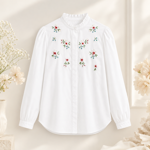 เสื้อเชิ้ตแขนยาวผ้าฝ้ายสีขาวสำหรับผู้หญิง ปักลายดอกเล็กๆ คอระบาย สไตล์ลำลอง สำหรับขายส่ง B2B - Product Image 3