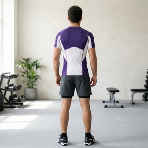Men's Purple White Color Blocked Compression Shirt Short Sleeve Quick Dry Sporty Fit Athletic Workout Top - Product Image 3