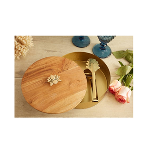 Wooden & brass Roti Box Hand-hammered Designer Chapati Box with wood lid and <b>tongs</b> brass knobs <b>Serving</b> and Dinner - Product Image 1