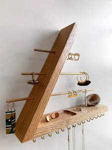 Wooden Wall Mount Jewelry Organizer With Brass Rods And <b>Hooks</b> Minimalist Polygon <b>Shelf</b> For Rings Earrings Necklaces Storage - Product Image 3