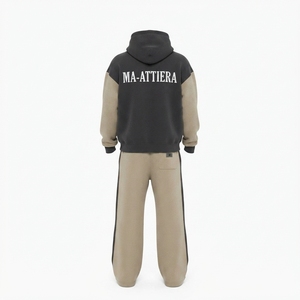 Conjunto de chándal con capucha y cremallera para hombre, en bloques de color negro y caqui, con estampado de letras, estilo urbano, sudadera con capucha y pantalones de pierna ancha - Product Image 4