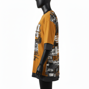 T-shirt surdimensionné double couche en coton riche pour femme, couleur moutarde, avec ourlet personnalisé et logo thermocollé - Product Image 3