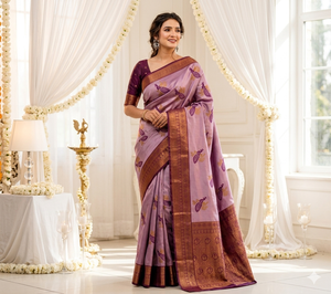 Sari de Seda Morado AARA Fashion con Motivo de Pavo Real y Borde Dorado, Traje Tradicional de Boda, Largo hasta el Suelo, para Mujeres de India y Pakistán - Product Image 5