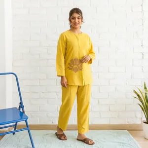 <b>Women</b>’s <b>Yellow</b> Cotton Two Piece Set Long Sleeve Round Neck <b>Top</b> Straight Pants Minimalist Printed Casual Comfortable Wear - Product Image 5