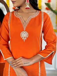 Latest Women's Orange Viscose Chanderi Embroidery <b>Kurti</b> with Chanderi Pant Chanderi Silk With Printed Dupatta Sets - Product Image 2