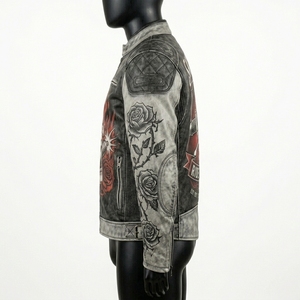 Mens <b>Vintage</b> Distressed Leather Motorcycle <b>Jacket</b> Graphic Skull Roses Racing Biker Cafe <b>Racer</b> Coat Outerwear Custom Wholesale - Product Image 4