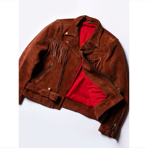 Blouson d'hiver slim fit en daim de vachette 100% pleine fleur, teint uni, écologique, style motard western avec franges en cuir - Product Image 1