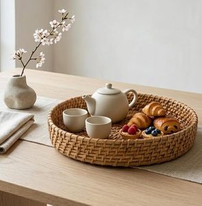 Bandeja de Mimbre de Ratán, Bandeja de Servir de Bambú, Tejida a Mano, Decorativa, para Desayuno, Té, Café, Otomana, Cocina, Decoración del Hogar - Product Image 6