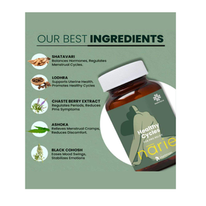 Formule Healthy Cycles avec Shatavari Lodhra Ashoka pour soulager les douleurs menstruelles, l'équilibre hormonal, un flux régulier et la santé menstruelle - Product Image 3