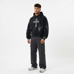 Sweat à capuche oversize délavé effet vieilli, doublé pour l'hiver, tricoté, avec logo brodé en 3D, style streetwear homme, 100% coton - Product Image 1