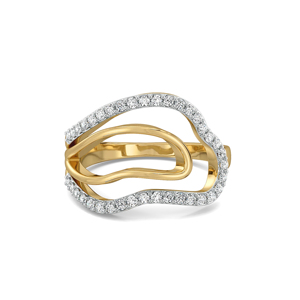 Luxury Yellow <b>Gold</b> <b>Cocktail</b> <b>Ring</b> With Round Brilliant Cut Diamonds Geometric Design Unisex Engagement <b>Ring</b> - Product Image 1