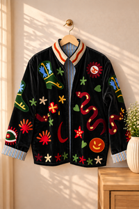 Women Floral Embroidered Mandarin Collar <b>Robe</b> <b>Kimono</b> Style <b>Long</b> Sleeve Full Length Cotton Knitted Autumn Fashion Soft Black - Product Image 1
