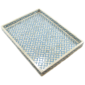 Plateau de service moderne en os incrusté |   Plateau décoratif pour table basse |   Plateau ottoman blanc avec poignées découpées |   Plateau décoratif pour salon - Product Image 5