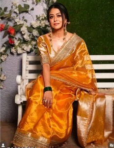 Sari en soie tissée Banarasi pour femme KV avec bordure en dentelle et chemisier non cousu - Product Image 6