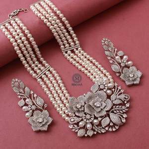 Winget <b>Pearl</b> CZ Designer Necklace and Earring <b>Set</b>-Gold Plated Rhodium Fashion <b>Jewelry</b> for Wedding - Product Image 4