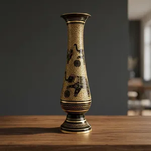 Handcrafted Black Brass <b>Decorative</b> <b>Vase</b> Elegant Gold Engraved Metal Urn Table Centerpiece Home Decor - Product Image 1