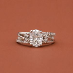 <b>Oval</b> & Round Cut <b>Moissanite</b> Diamond Prong Setting Elegant Occasion Flower <b>Ring</b> For Women’s - Product Image 1