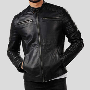 Veste en cuir véritable noir sur mesure pour homme, col en fausse fourrure, style motard, épaisse, chaude, en peau de mouton, pour l'hiver - Product Image 1